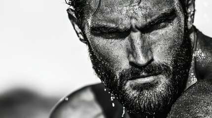 A sweaty man looking intensely at something in black and white