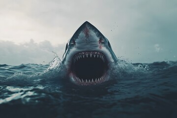 A great white shark emerges from the ocean with its mouth wide open showing its sharp teeth