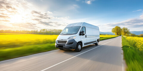 Obraz premium White delivery van driving on a country road between yellow rapeseed fields in sunny day. Logistic and delivering concept.