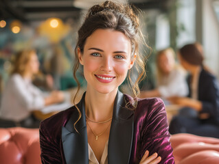 Smiling Business Woman in Velvet Blazer Sitting in Modern Office Lounge with Soft Bokeh Background
