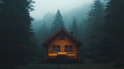Fototapeta premium A wooden cabin nestled in a foggy forest scene