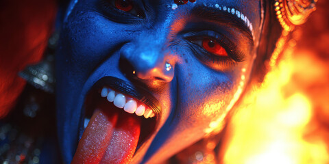 A professional graphic showing blue-skinned kali with fierce expression and flames, ideal for creative, commercial, or editorial purposes.