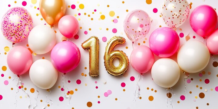 Golden Number 16 Balloons And Festive Colorful Balloons With Confetti On White Background