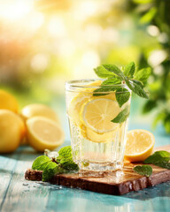 Fototapeta premium Refreshing Glass of Lemonade Adorned With Mint and Lemon Slices on a Sunny Outdoor Table Surrounded by Fresh Lemons Generative AI
