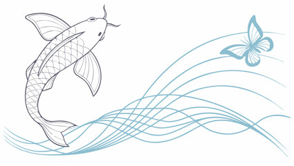 Obraz premium Stylized illustration of a koi fish swimming upwards towards a butterfly with flowing lines design
