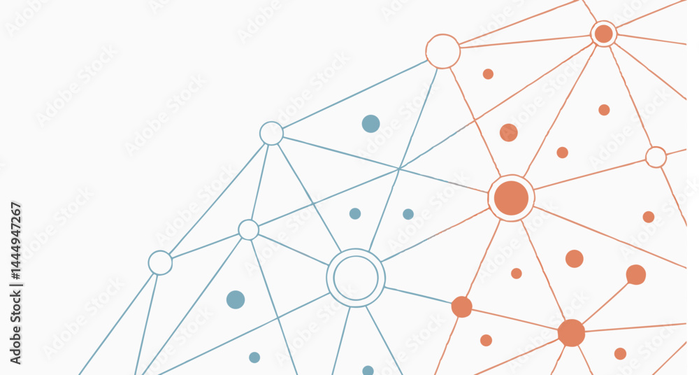 Poster network of circles and lines in blue and orange forming connected nodes with varying sizes and color