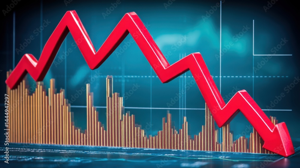 Poster bold red arrow rising over a graph bar representing the disbelief phase and breakout in investment t