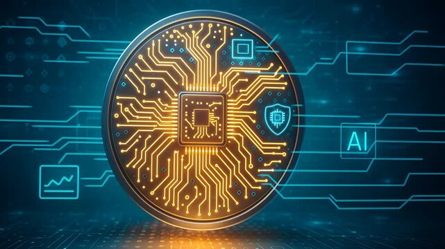 Golden Circuit Coin with Digital Interface and AI Icons Representing Smart Processing, Tech Currency and Data Security System

