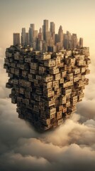 Floating city of stacked buildings in the clouds at dawn.