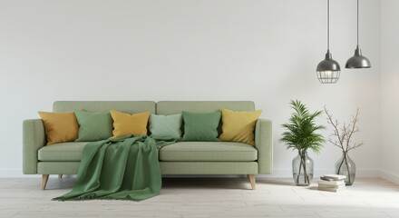 Green sofa with pillows and blanket in a bright room with plants and pendant lights