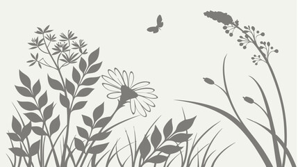 Fototapeta premium Silhouette of a butterfly flying above a field with flowers and plants in a gray color scheme design