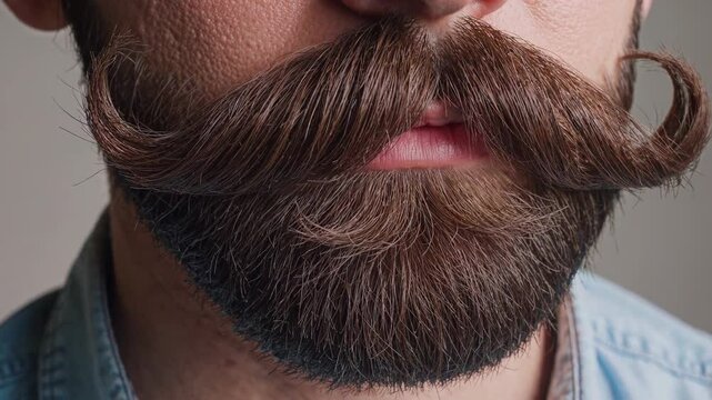 Man sporting carefully styled handlebar mustache and well groomed beard, highlighting intricate facial hair styling and personal grooming aesthetic