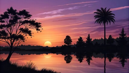 Obraz premium Serene lake sunset with tree silhouettes and reflections creating tranquil scene