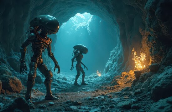 Alien robots exploring a vast underwater cave system, glowing with strange, bioluminescent minerals. Generative AI