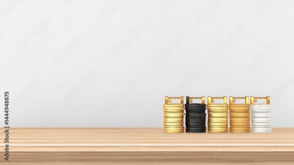Poster stack of coins positioned on table illustrating early liquidity event in investing and icon concept 