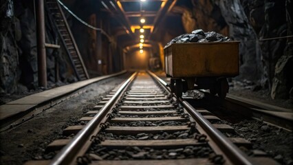 Obraz premium Coal mining cart filled with coal ore inside a dark underground mine