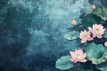 Serene pink lotus blossoms gracefully bloom on teal water a tranquil watercolor painting with soft brushstrokes and a