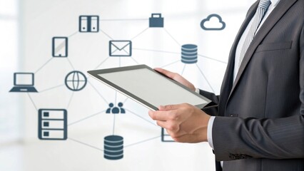 Businessman using digital tablet for cloud computing network data visualization