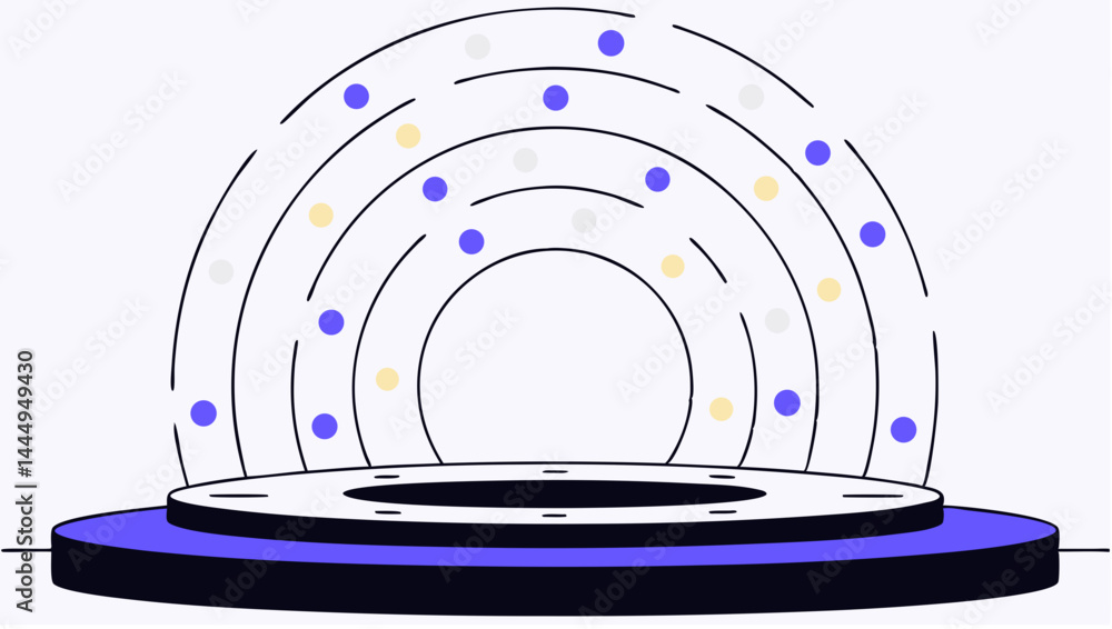 Poster illustration of a platform with concentric arches and floating colored dots design element in vector