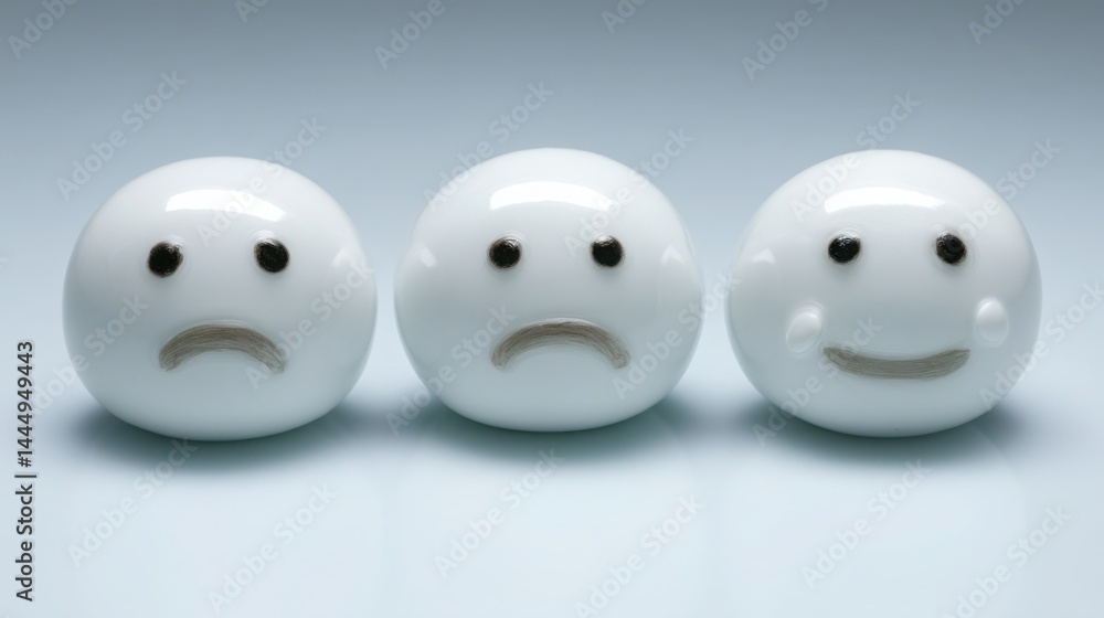 Poster three white balls featuring unique faces displaying various emotions in a creative economic emotion 