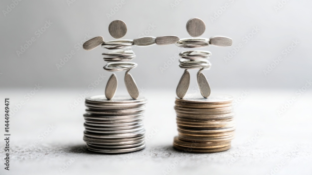 Poster stack of coins with person standing on top representing economic inequality mitigation through inves