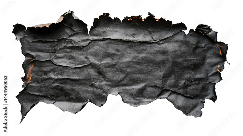 Poster crumpled black paper with burnt edges on isolated background for creative and unique design projects