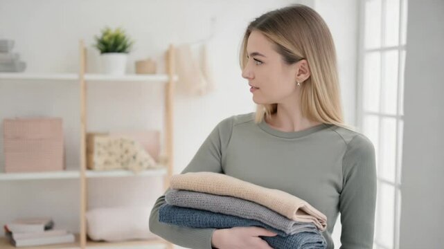 A smiling young woman casually holding a clothes