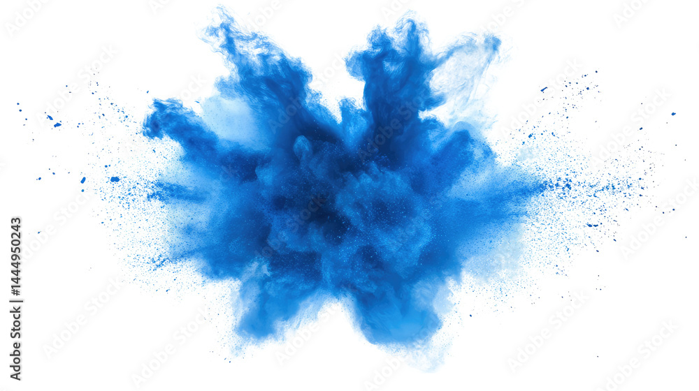 Poster vibrant blue powder explosion creating artistic cloud aesthetic with dynamic movement and energy dis
