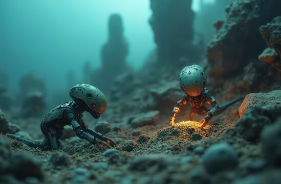 Small alien robots crawling over alien ruins, their arms extended and scanning ancient technology on the ocean floor. Generative AI