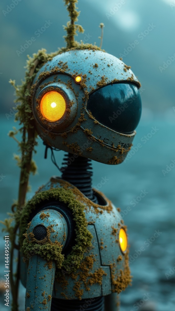 Poster robot with a helmet and a yellow light on it is standing in front of a body of water