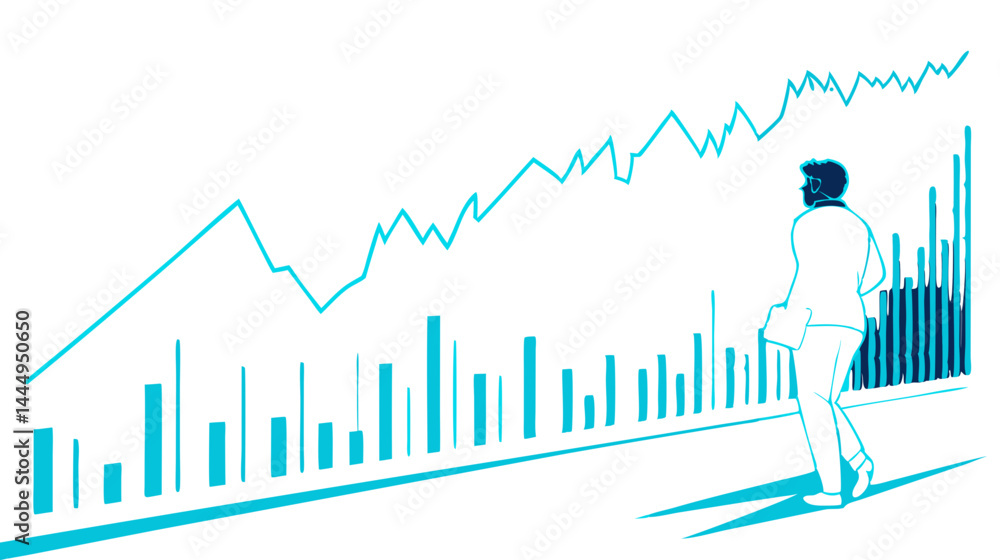 Aufkleber man in suit looking at a rising stock chart with bar graphs in light blue on a white background scen