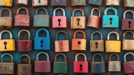 Colorful padlock collection on wall