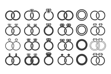 Romantic Engagement and Wedding Ring Vector Set. Diamond Icons and Love Symbols for Invitations, Jewelry Branding, Marriage Themes and Romantic Design Illustrations.