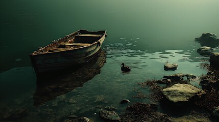 Obraz premium Abandoned wooden boat, serene water setting, foggy atmosphere, emphasizes solitude and nature's beauty, ideal for tranquil themes.