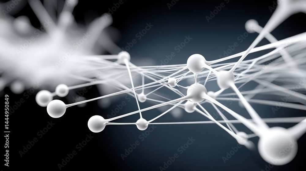 Poster complex molecule structure with multiple white spheres representing emerging blockchain infrastructu
