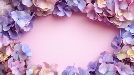 Fototapeta premium Pink background, purple hydrangea frame, floral border, greeting card design