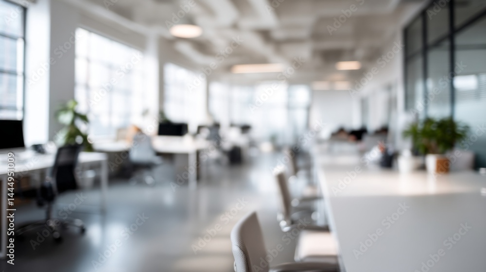 Poster Bright and spacious office environment filled with natural light boasts modern design elements. Workstations are arranged neatly, creating an inviting atmosphere for productivity and collaboration