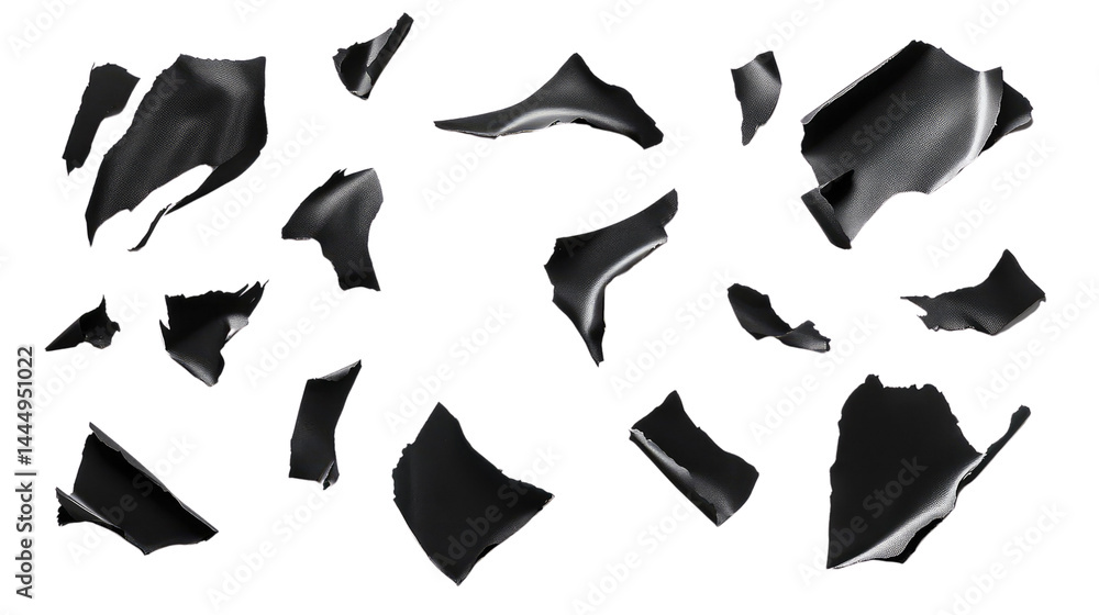 Poster abstract composition of floating shiny black fabric pieces isolated on a transparent background repr