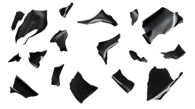 Abstract Composition of Floating Shiny Black Fabric Pieces Isolated on a Transparent Background Representing Movement and Elegance in Design Concepts