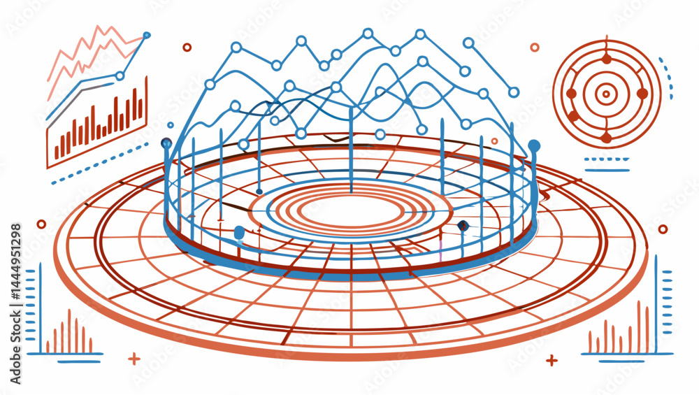 Aufkleber illustration of a data visualization with circular grids and line graphs on a white background desig