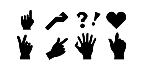 Hand gesture icon set with various expressions like thumbs down, crossed fingers, pointing hand, and open palm