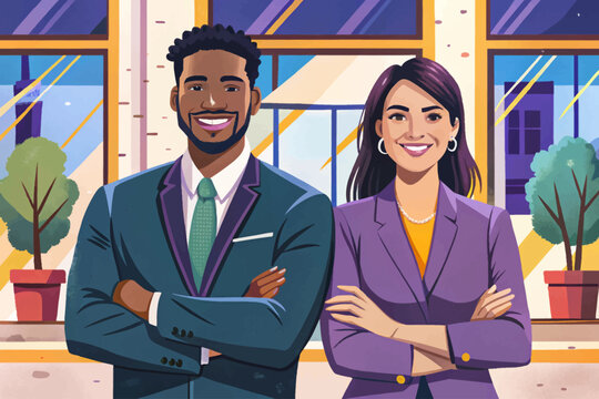 Portrait of amazing happy multi ethnic business couple posing with arms crossed vector illustration