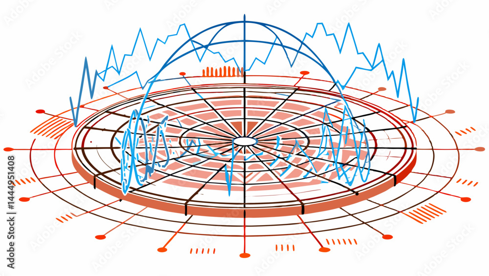 Aufkleber circular platform with radial grid lines and blue wave patterns above and around the structure