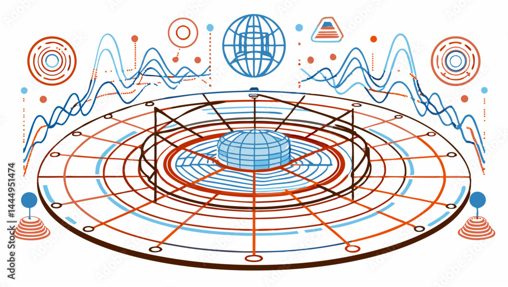 Poster abstract representation of a globe surrounded by data visualizations and geometric shapes design art