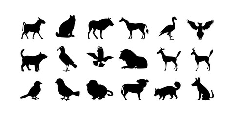 Fototapeta premium Silhouettes of wild animals in various poses. Collection of black animal shapes including lion, elephant, deer, bear, and bird in standing and walking positions for nature and wildlife design themes. 