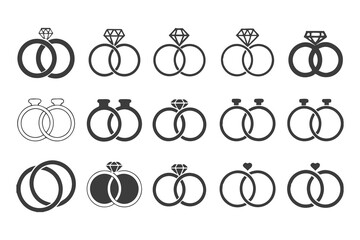 Romantic Engagement and Wedding Ring Vector Set. Diamond Icons and Love Symbols for Invitations, Jewelry Branding, Marriage Themes and Romantic Design Illustrations.