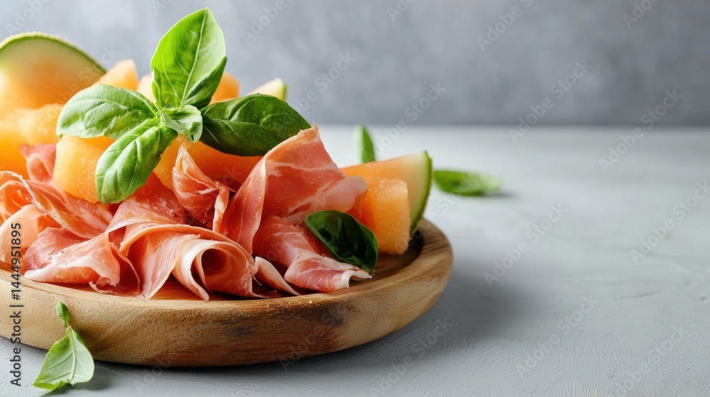 Poster wooden plate with a salad on it. the salad is made up of sliced melon, prosciutto, and basil leaves.