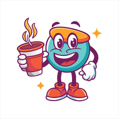 Vector logo design template and graphic elements for advertising, branding, posters and banners, funny cartoon illustrations with smiling character, coffee cup mascot, print and sticker