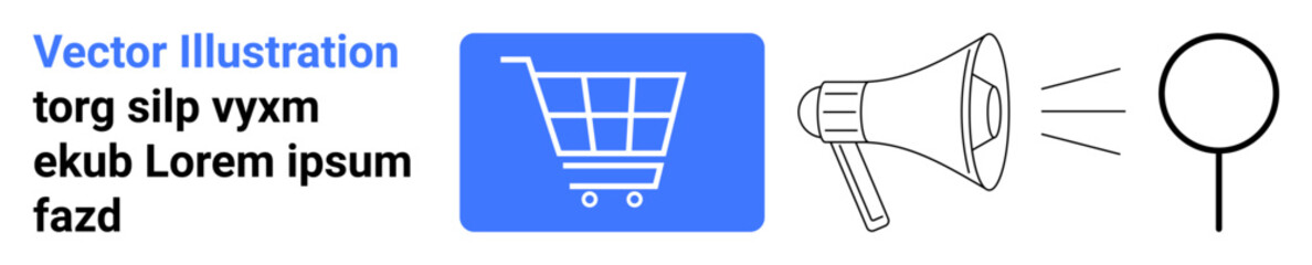 Shopping cart symbolizing e-commerce, megaphone with sound waves for promotions, and magnifying glass for search. Ideal for business, retail, marketing, advertising, e-commerce, research simple
