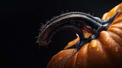 Close-up of a black caterpillar on a pumpkin. the caterpillar is curled up and appears to be crawling on the surface of the pumpkin, with its body facing towards the right side of the image.